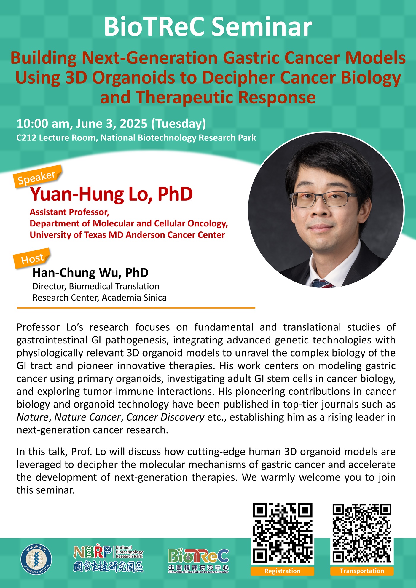 【AS-BioTReC】誠摯邀請參加2025年6月3日美國德州大學羅元宏教授(Prof. Yuan-Hung Lo)演講